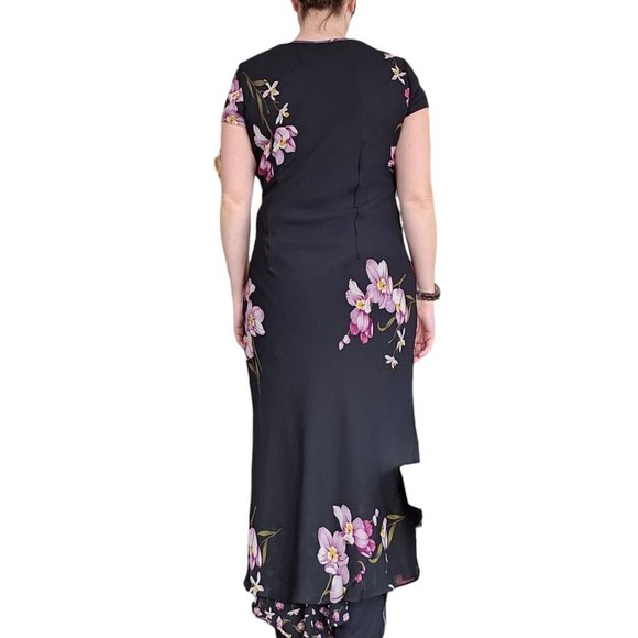 90s Black Pink Floral Maxi Dress Layered Ruffles 6 Romantic Flowy Vintage Retro - Picture 9 of 14